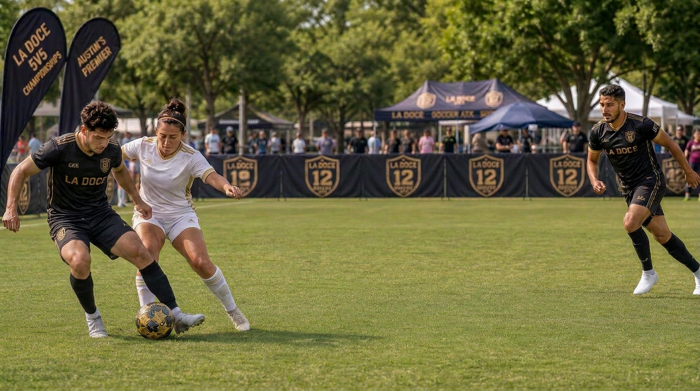 Sunlit La Doce 5v5 tournament: two players in black-and-gold La Doce kits challenge for a gold ball at bottom-left while a teammate sprints in from the right, with La Doce 12 Soccer ATX shield banners and teardrop flags in the background